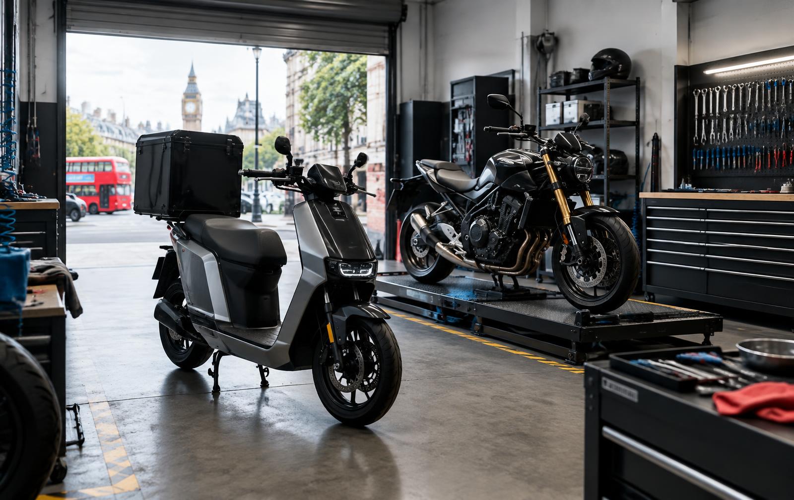 A delivery scooter and motorbike inside a modern London workshop